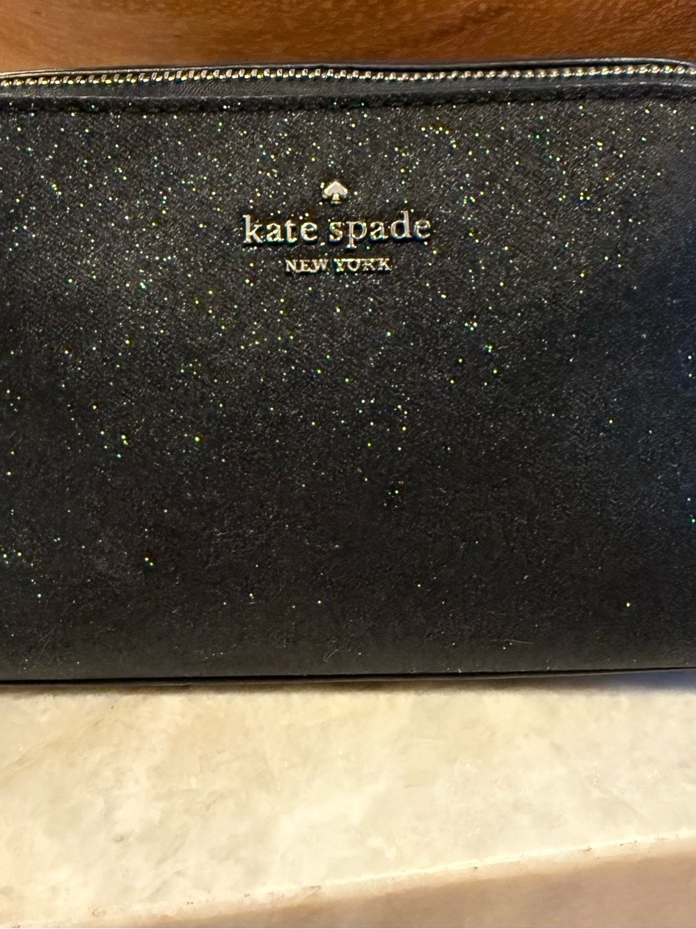 kate spade New York Black Glitter Cosmetic Bag 7.24" W x 4.01" H x 3.54" D